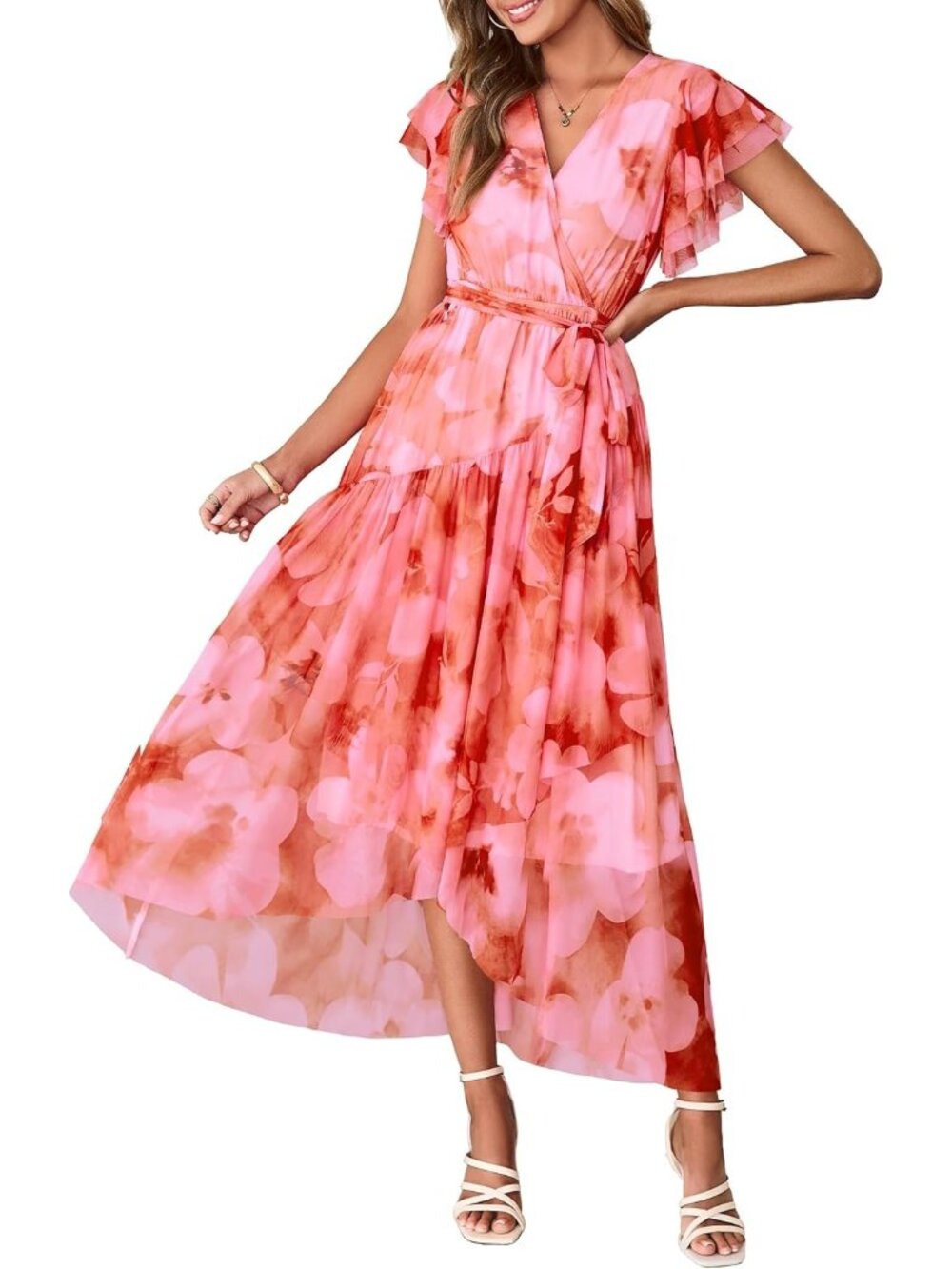 Women's Orange Short Sleeve V Neck Imported Casual Mesh Floral Maxi Dress